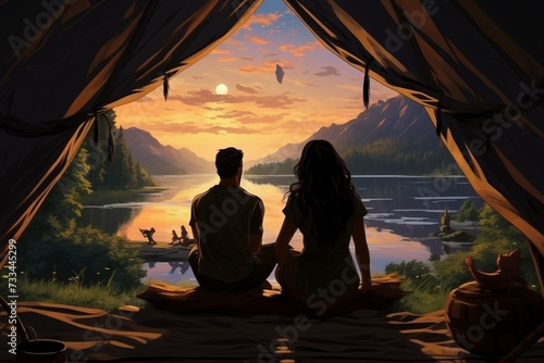 Cute couple and girl sitting on the edge of an open tent with their back to the camera and looking at the lake, mountains, sunset or sunrise, beautiful nature