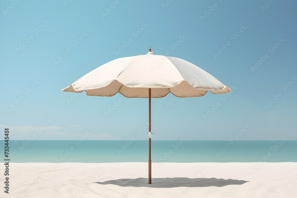 White parasol on the beach with white sand against the backdrop of the blue sea and sky. Minimalistic landscape. AI generated