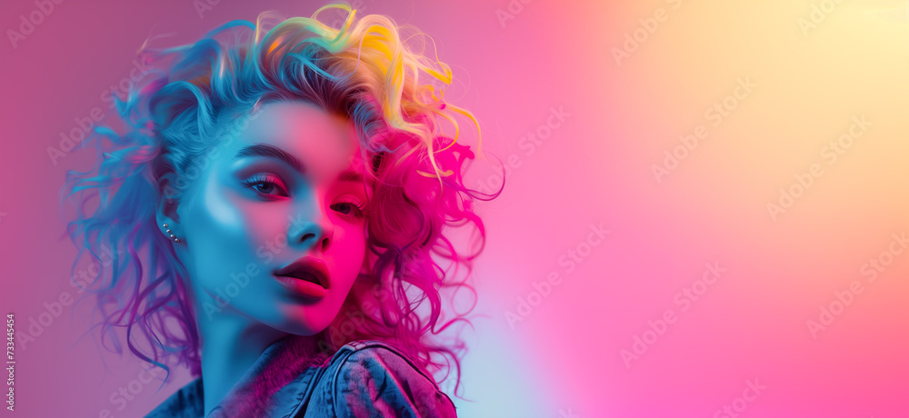 Beautiful fashionable girl denim clothing fashion modern style color background. Gradient colorful pastel background with copy space. Music concert concept by Vita