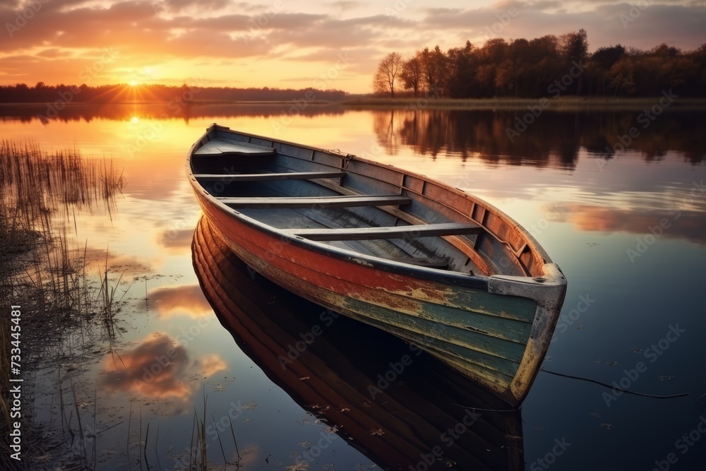 Tranquil dawn. reflections of a wooden boat on a serene lake, embracing natures exquisite beauty