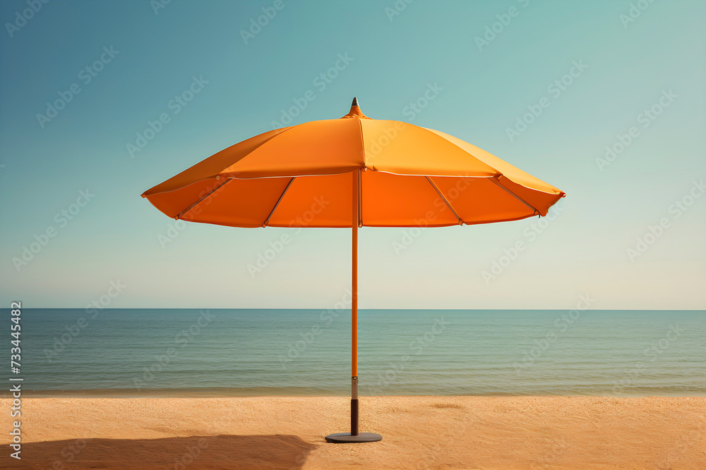 Orange retro sunshade umbrella on the beach by the calm sea. Summer vacation concept. AI generated