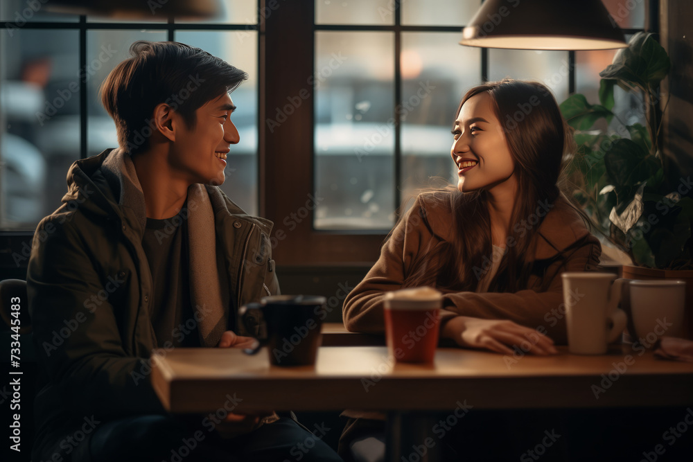 Couple guy and girl sitting at a table in a cozy cafe and smiling sweetly at each other against the background of the window