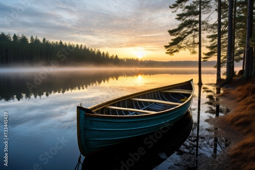 Tranquil wooden boat reflection on peaceful lake at dawn, capturing the beauty of serene nature © Mikki Orso
