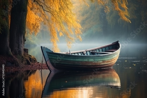 Tranquil lake at dawn. serene reflections of a wooden boat showcasing natures beauty