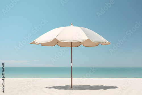 White parasol on the beach with white sand against the backdrop of the blue sea and sky. Minimalistic landscape. AI generated © svitlini