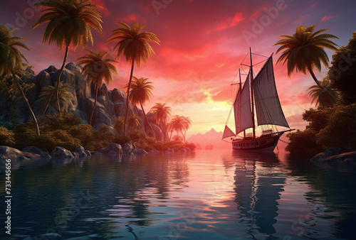 sail islands with palm trees at the sunset on water  in the style of hyper-realistic atmospheres  landscape photography  vray tracing  red and blue  cabincore  photo-realistic  captivating scenes 
