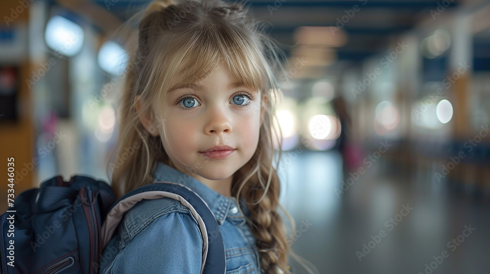 custom made wallpaper toronto digitalPortrait of a cute little girl with backpack in the train station.