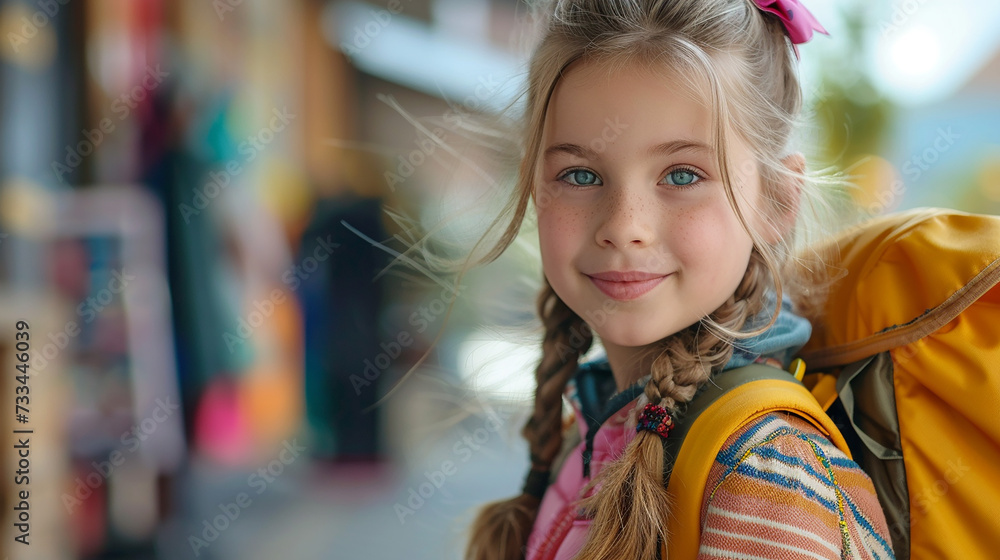 Portrait of a beautiful little girl with backpack on the street. Portrait of a beautiful little girl with backpack on the street.