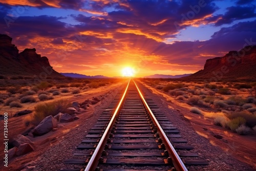 Captivating railway track disappearing into the mesmerizing horizon at enchanting sunset