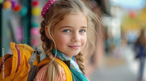 Portrait of a beautiful little girl with backpack on the street.