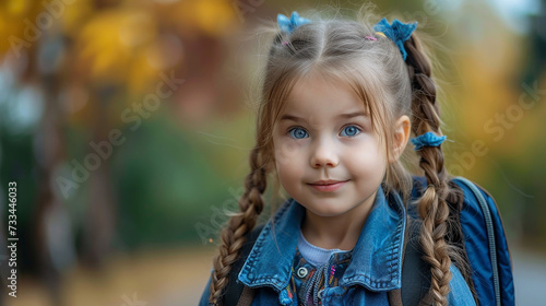 Portrait of a beautiful little girl with blue eyes on a background of autumn park