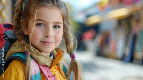 Portrait of a cute little girl with backpack on the street.