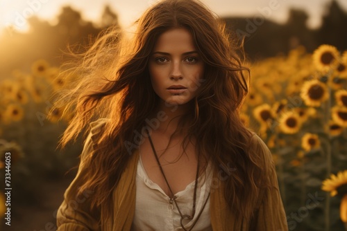 Beautiful brunette woman running through sunflower field to meet the setting sun