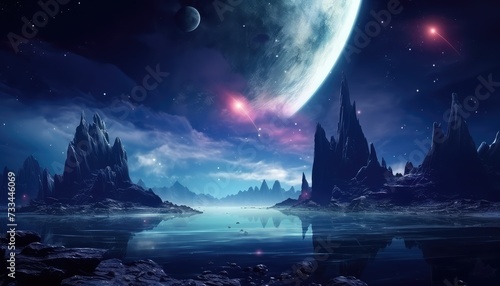 futuristic fantasy night landscape with abstract landscape moonlight shine dark natural © Rehman