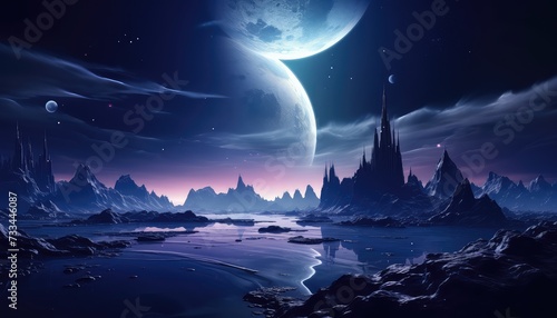 futuristic fantasy night landscape with abstract landscape moonlight shine dark natural © Rehman