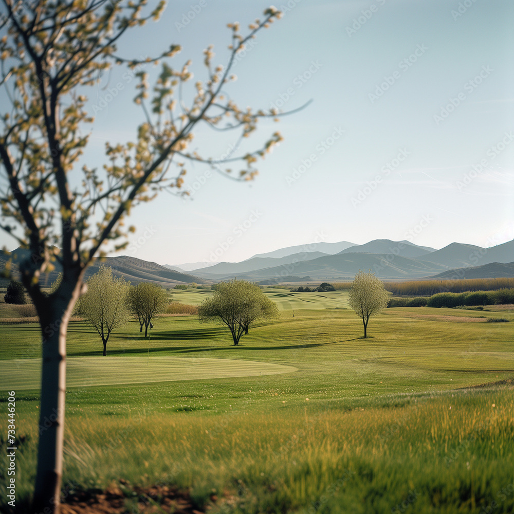 Serene Spring Golf Course Landscape with Blossoming Trees Serene Spring Golf Course Landscape with Blossoming Trees
