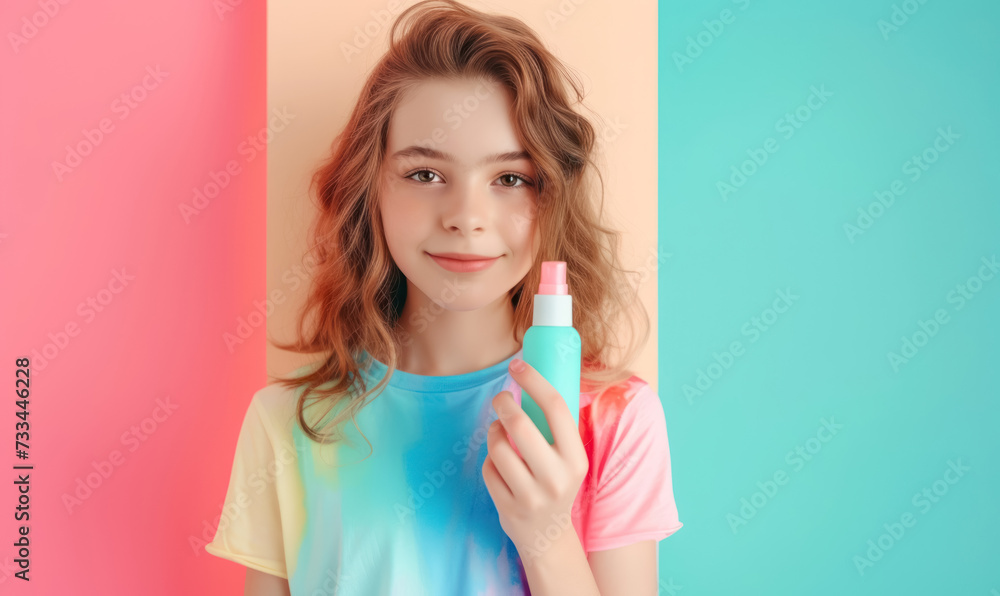 young girl with curly hair presenting beauty product on pastel multicolor background young girl with curly hair presenting beauty product on pastel multicolor background