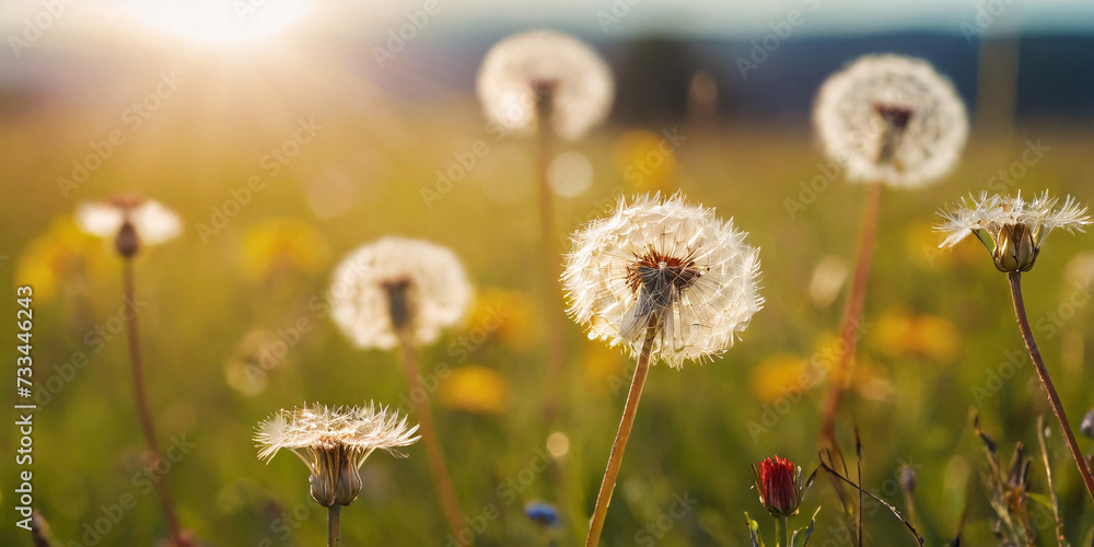 A serene field of dandelions basks in the golden hour sunlight, showcasing nature’s quiet beauty. The delicate seeds are ready to embark on a wind-driven journey. A serene field of dandelions basks in the golden hour sunlight, showcasing nature’s quiet beauty. The delicate seeds are ready to embark on a wind-driven journey.
