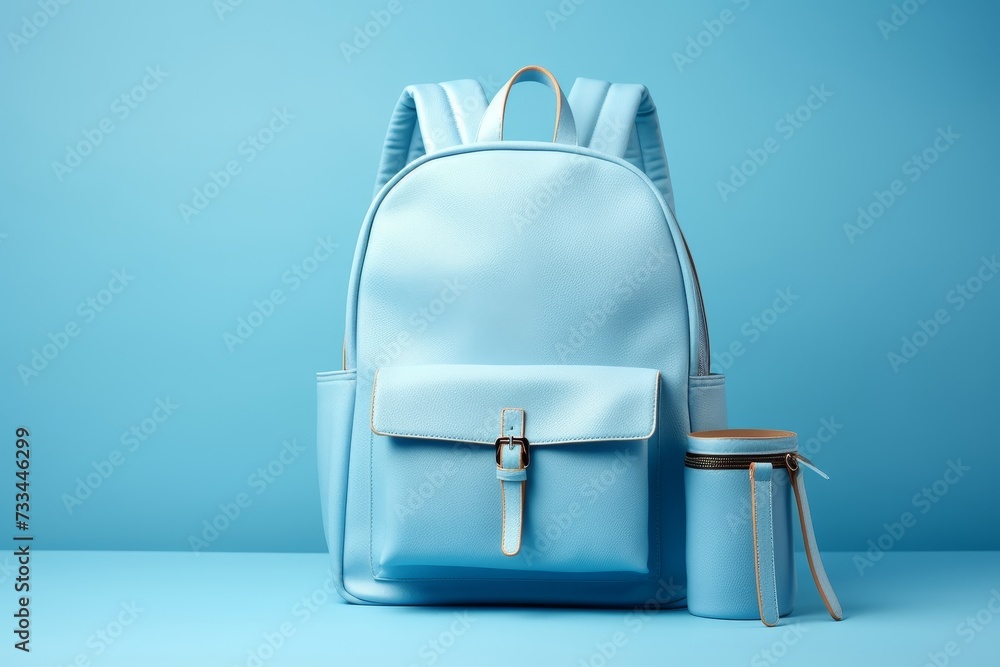 School backpack with books on blue background - back to school concept - educational supplies