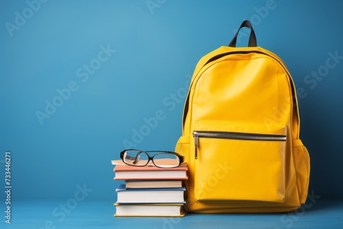 Colorful school backpack with books on blue background - back to school concept with copy space