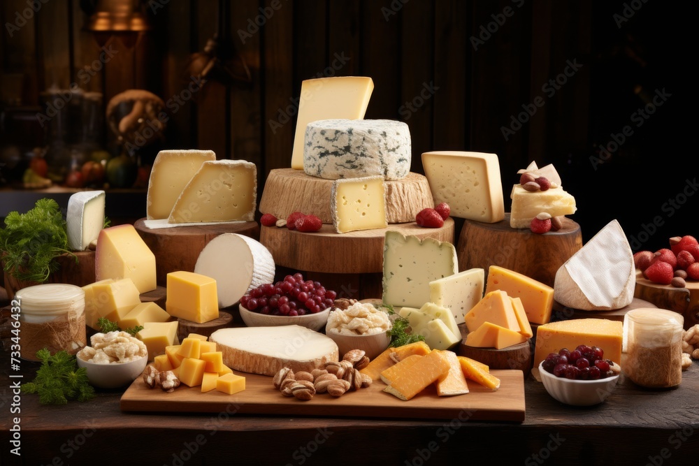 Exquisite collection of delectable cheese varieties beautifully presented on a rustic wooden table