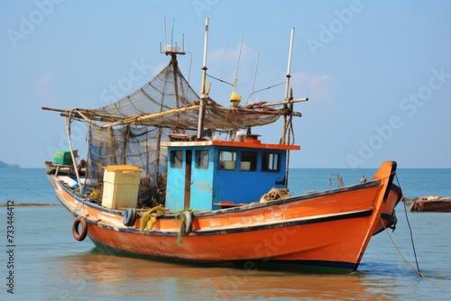 Scenic shot of a fishing boat catching abundant fish in the vast expanse of the open sea