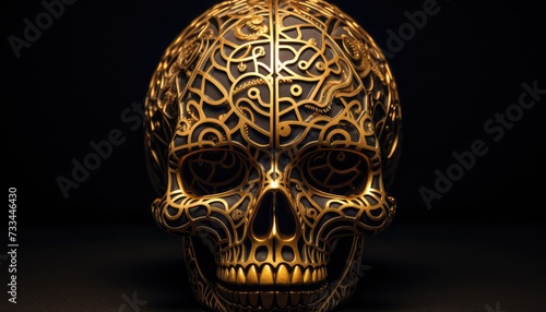 Golden decorative metallic golden brain skull on dark background hd