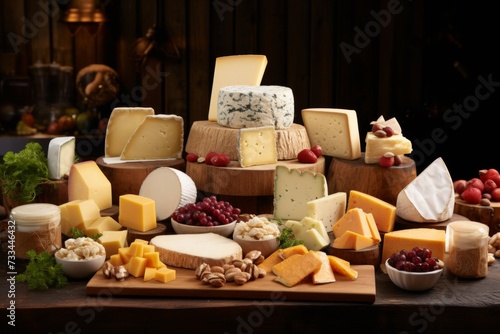 Exquisite collection of delectable cheese varieties beautifully presented on a rustic wooden table