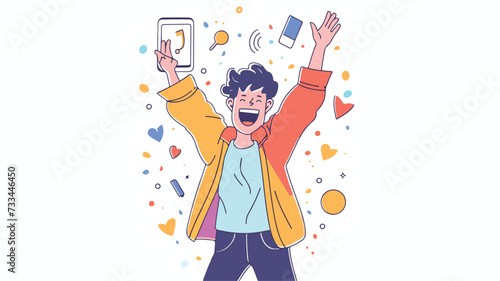 Excited guy playing on smartphone flat line.