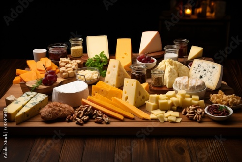 Mouthwatering assortment of different cheese types, elegantly displayed on a rustic wooden table