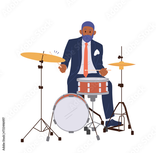 Jazz man cartoon character playing at drum kit percussion instrument isolated on white background
