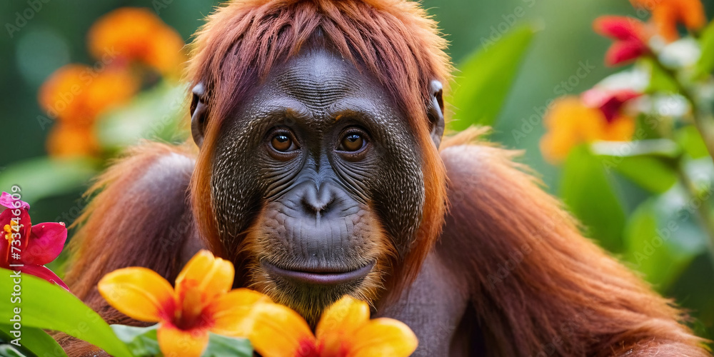 Obraz premium A baby orangutan among tropical flowers against the background of a green jungle.