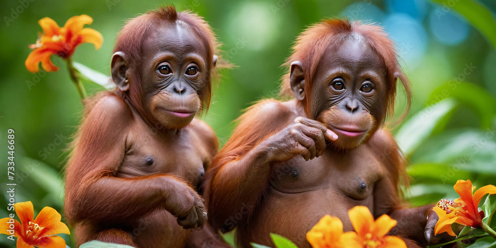A baby orangutan among tropical flowers against the background of a green jungle. A baby orangutan among tropical flowers against the background of a green jungle.