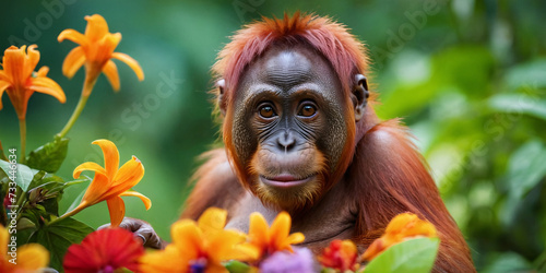 A baby orangutan among tropical flowers against the background of a green jungle.