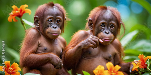 A baby orangutan among tropical flowers against the background of a green jungle.