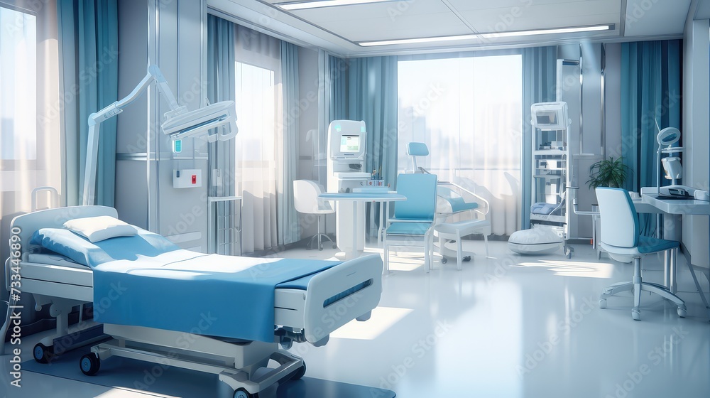 3d Beds and medical equipment stand out with soothing blue tones in the hospital room 3d Beds and medical equipment stand out with soothing blue tones in the hospital room