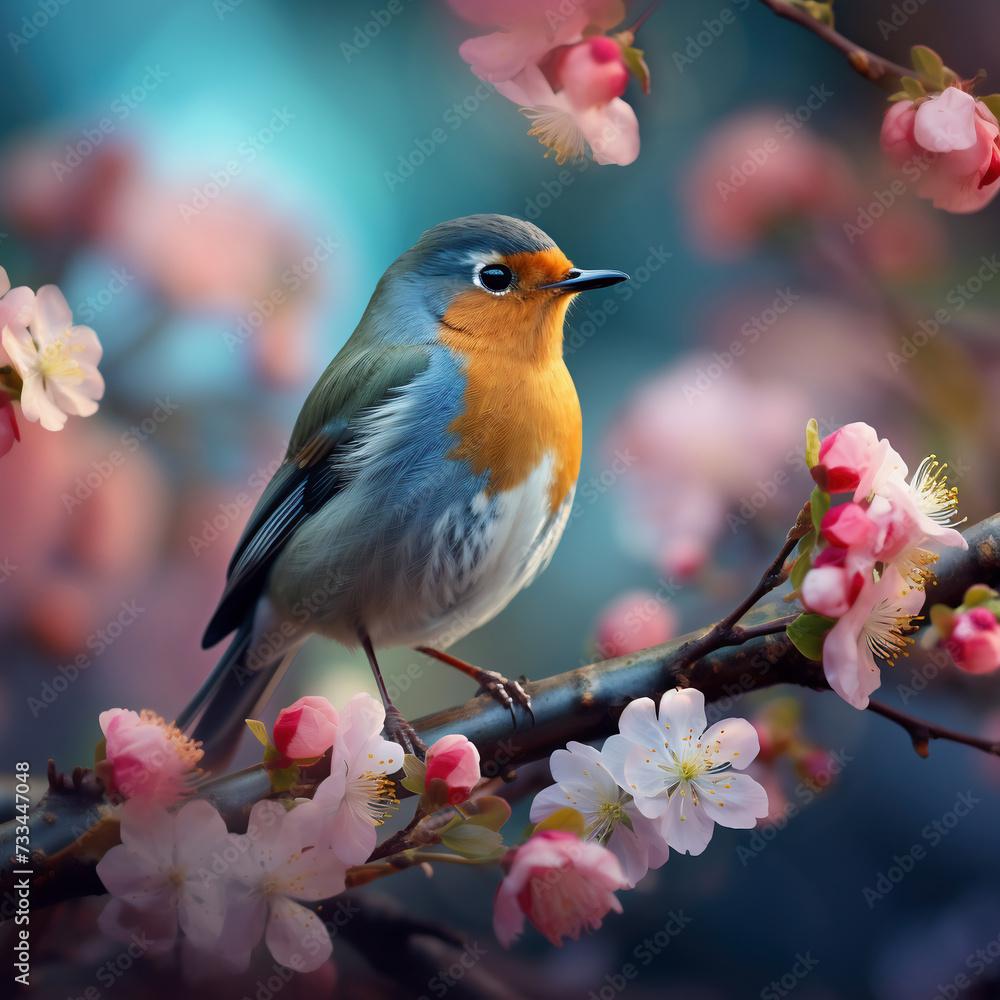 Fototapeta premium Robin bird on a branch of a blossoming tree with pink flowers