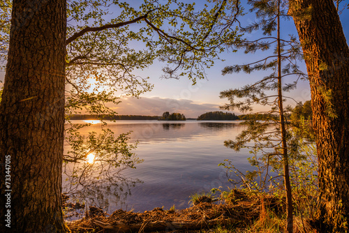 Fototapeta Naklejka Na Ścianę i Meble -  Framed lake by trees sunset