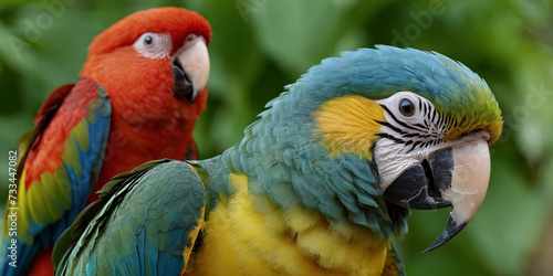 Multi-colored tropical parrots against a background of green plants, close-up in front of the camera.