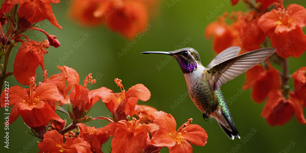 Fototapeta premium A hummingbird flutters over a tropical flower in search of nectar.