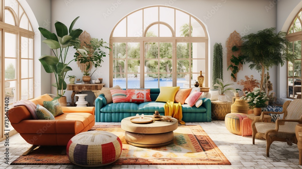 Eclectic Boho-Chic: Artistic Living Room with Diverse Textures and Colors