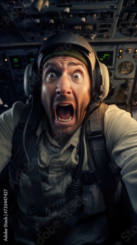 Man in Cockpit Reacting During Plane Crash. Generative AI.