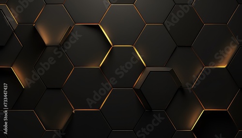 Luxury hexagonal abstract black metal background with golden light lines. Dark 3d geometric texture illustration. Bright grid pattern. Pure black horizontal banner wallpaper. Carbon elegant wedding © Rehman