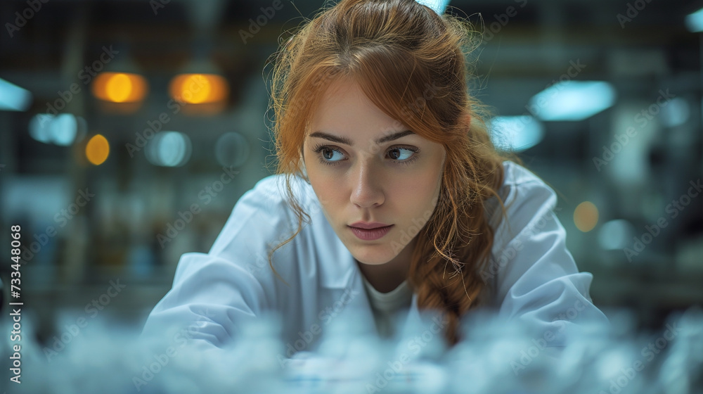 A young scientist with reddish hair looks intently through the mist of a laboratory environment, her focus indicative of deep concentration and the pursuit of discovery A young scientist with reddish hair looks intently through the mist of a laboratory environment, her focus indicative of deep concentration and the pursuit of discovery