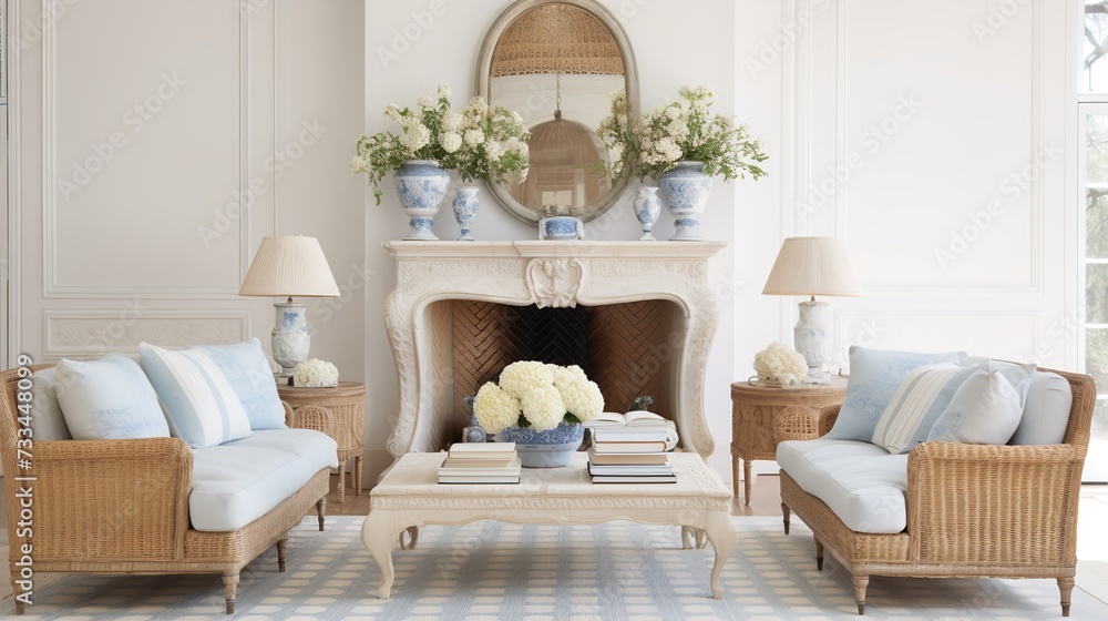 Rustic Charm: French Country Living Room with Soft Pastels and Elegant Decor
