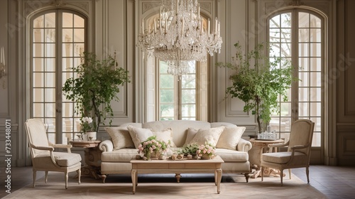 Rustic Charm  French Country Living Room with Soft Pastels and Elegant Decor