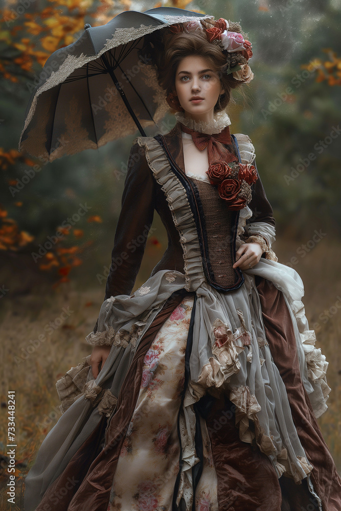 Victorian style clothes young woman. Medieval fashion. 