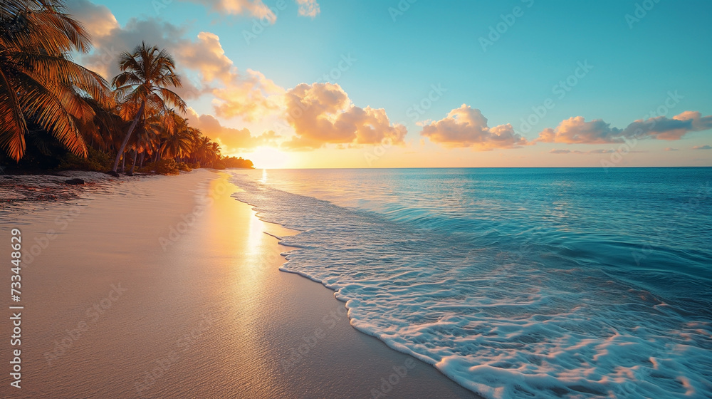 The uploaded image is a scenic view of a tropical beach at sunset with the golden sun dipping into the ocean horizon. Palms sway in the gentle breeze on the left, framing the view