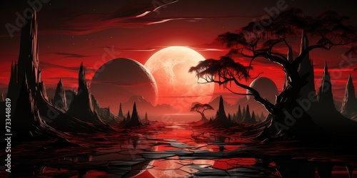 Otherworldly red landscape with eclipsed moons and alien terrain. Science fiction and fantasy backdrop. Banner.