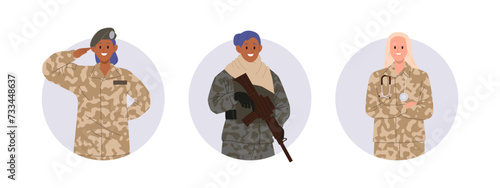 Brave military woman cartoon characters serving in army special forces isolated round composition